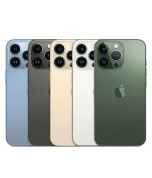 Apple iPhone 13 Pro models in various colors including blue, graphite, gold, silver, and green.