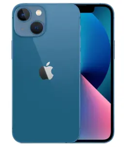 Apple iPhone 13 in blue color showcasing dual cameras and vibrant display