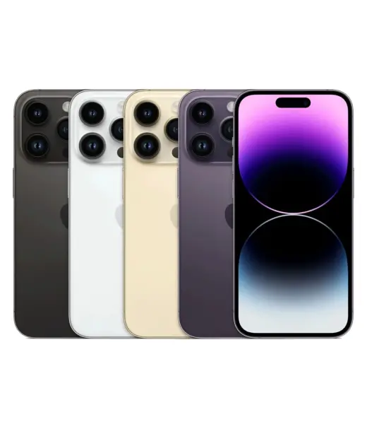 Apple iPhone 14 Pro in multiple colors including black, white, gold, and purple