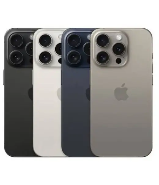 Apple iPhone 15 Pro models in four colors: black, white, navy, and gold.