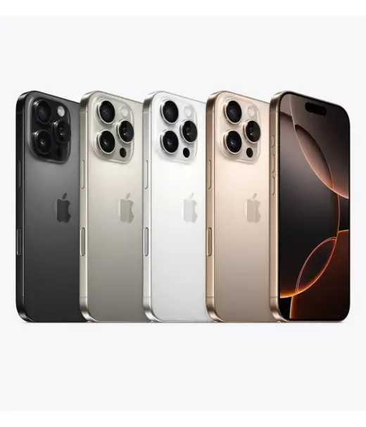 Apple iPhone 16 Pro Max in black, silver, white, and gold colors lined up