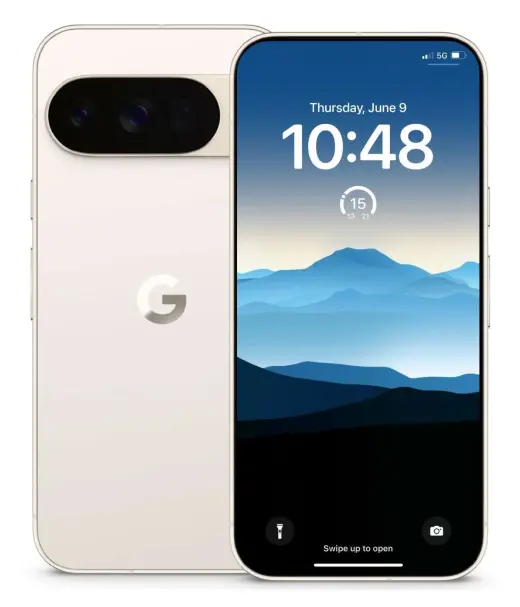 Google Pixel 10 Pro smartphone displaying a scenic lock screen with mountains.