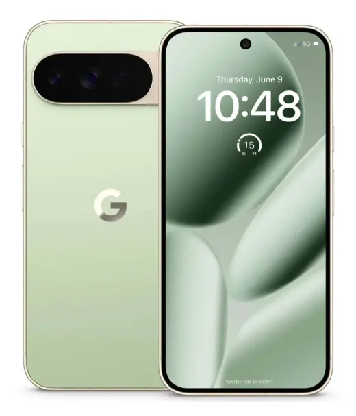 Google Pixel 10 Pro smartphone in mint green color with dual rear cameras and display showing time.