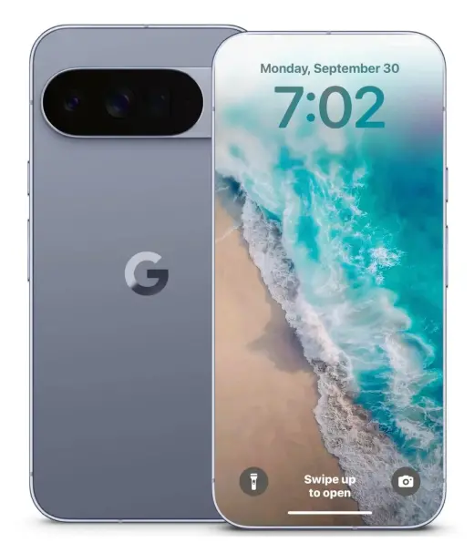 Google Pixel 10 Pro XL smartphone displaying a beach wallpaper and time.