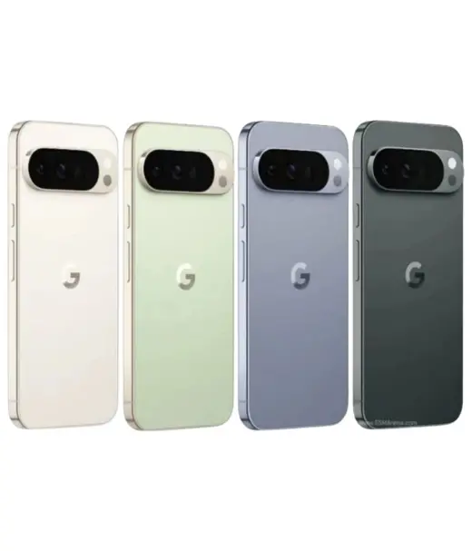Google Pixel 10 Pro XL smartphones in four colors: white, green, blue, and black.