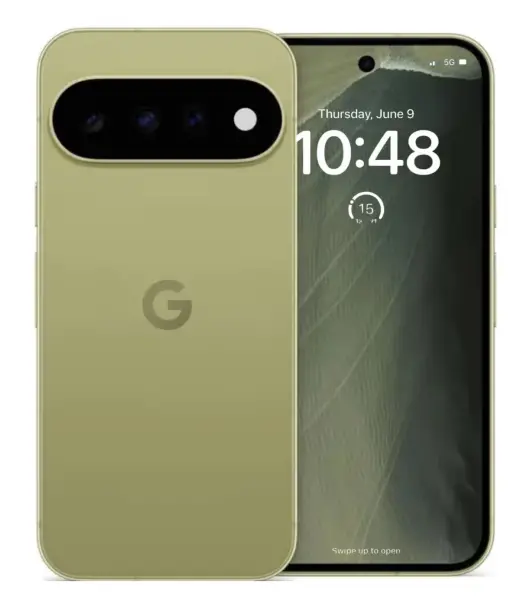 Google Pixel 11 smartphone in green color showcasing rear and front display.