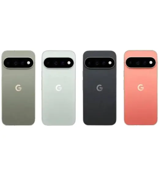 Google Pixel 11 Pro smartphones in four colors: green, white, black, and coral.