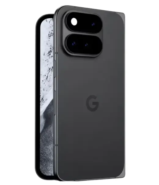 Google Pixel 11 Pro Fold smartphone showcasing dual camera design and sleek black finish.