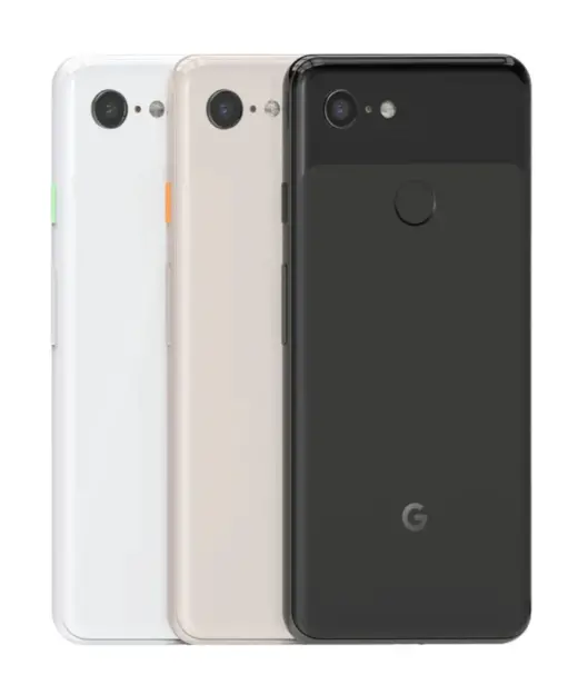 Google Pixel 3 smartphones in three colors: white, beige, and black.