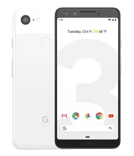 Google Pixel 3 smartphone displaying home screen with app icons and date.