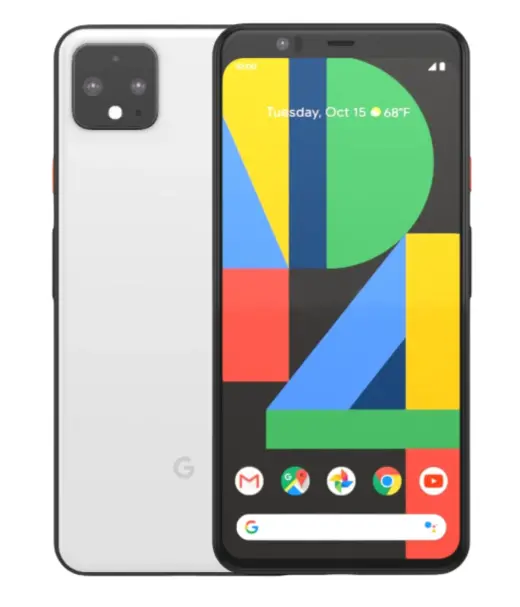 Google Pixel 4 XL smartphone with colorful display and dual camera on the back.