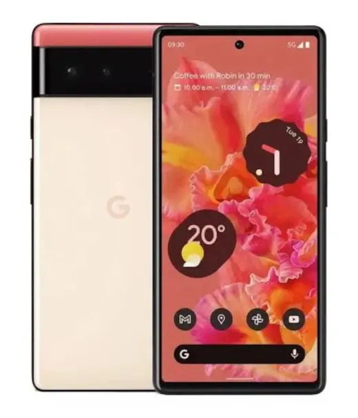 Google Pixel 6 smartphone displaying vibrant floral wallpaper and weather information.