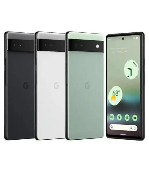 Google Pixel 6a smartphone in three colors: black, white, and green, displaying home screen.