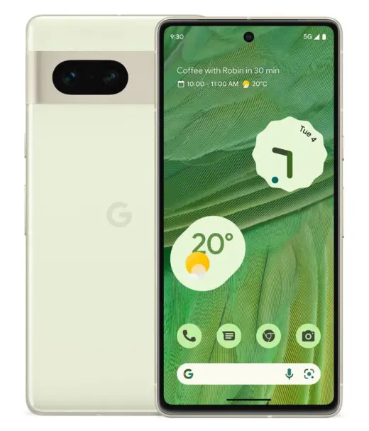 Google Pixel 7 smartphone with green background and weather widget