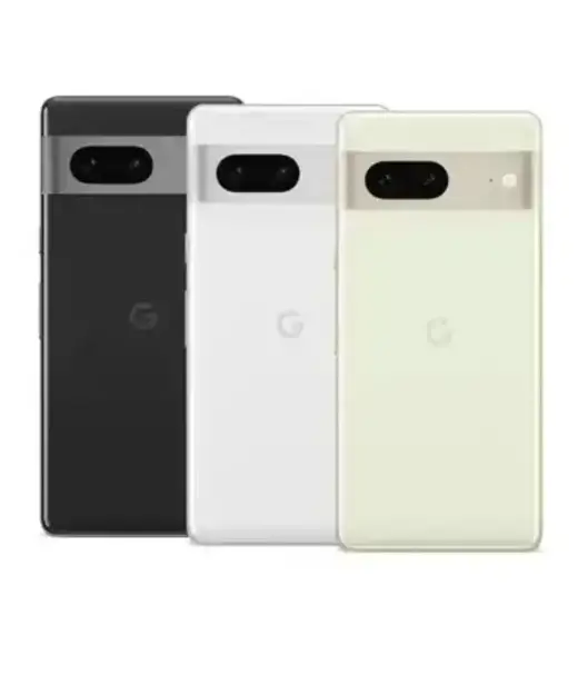 Google Pixel 7 smartphones in black, white, and light green colors