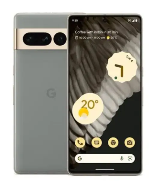 Google Pixel 7 Pro smartphone displaying a weather widget and calendar event.