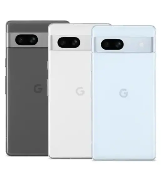 Google Pixel 7a smartphones in three colors: black, white, and light blue.