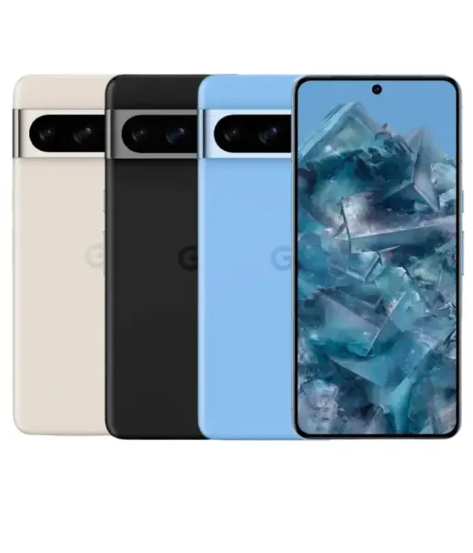 Google Pixel 8 Pro smartphone in three colors: beige, black, and blue with a vibrant display.