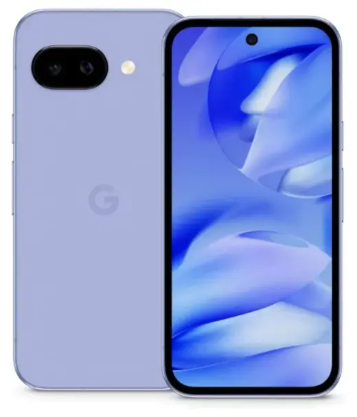 Google Pixel 9a smartphone in lavender color with dual rear cameras and vibrant display