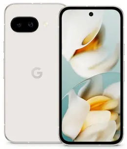 Google Pixel 9a smartphone showcasing dual cameras and floral wallpaper