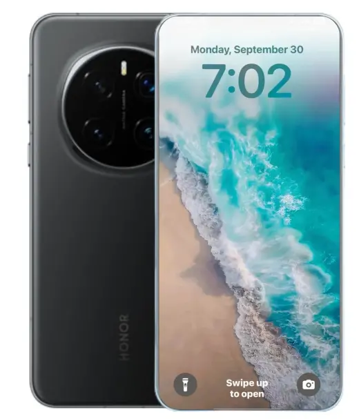 Honor Magic 7 Pro smartphone displaying a beach wallpaper and time on the screen.
