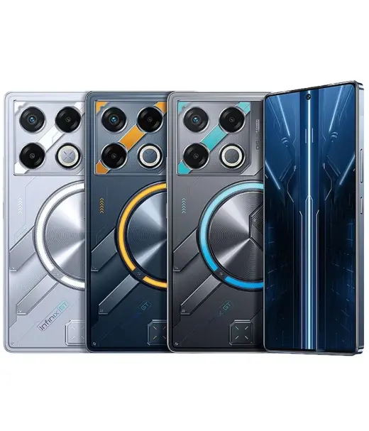 Infinix GT 20 Pro smartphones in silver, blue, and black with unique camera designs and vibrant colors.