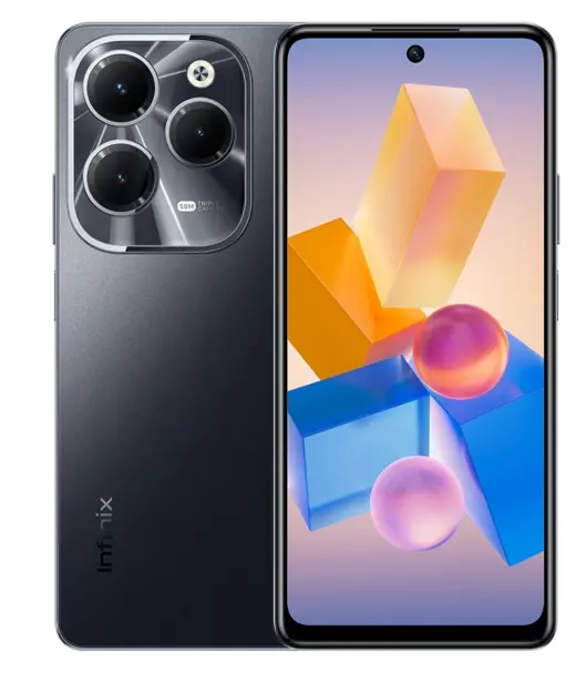 Infinix Hot 40 smartphone showcasing a triple camera setup and vibrant display