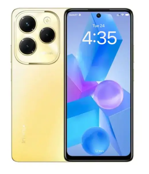 Infinix Hot 40 Pro smartphone with a gold finish and triple camera setup.