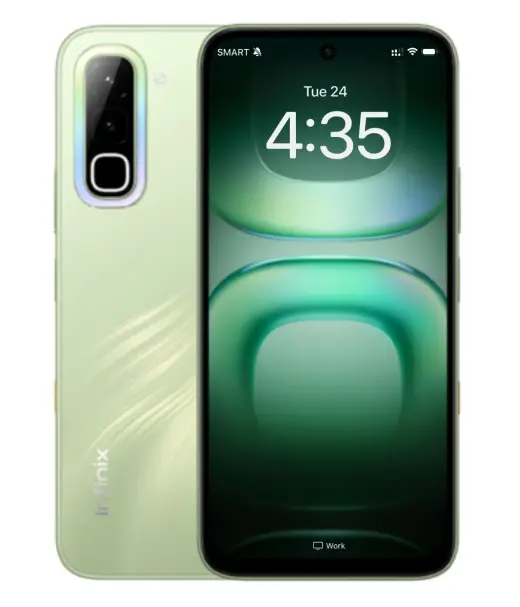 Infinix Hot 70 smartphone in green color with a modern design and vibrant display.