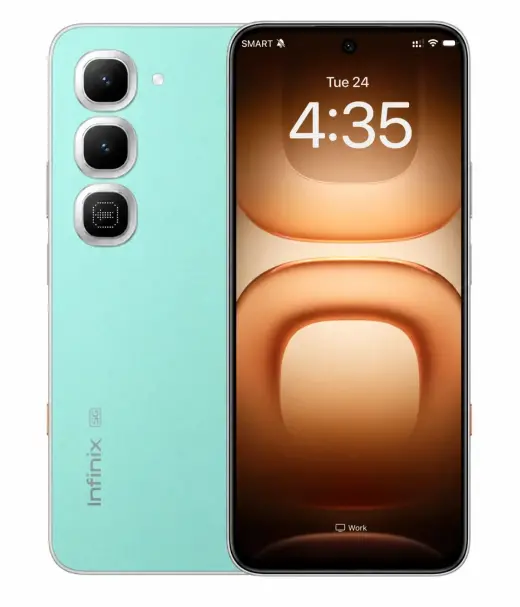 Infinix Hot 70 Pro smartphone with a mint green back and vibrant display showing time and date.
