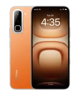 Infinix Hot 70 smartphone with orange back and display showing time and date