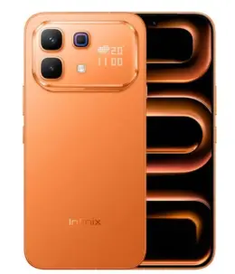 Infinix Note 60 smartphone in orange color with dual camera and digital display