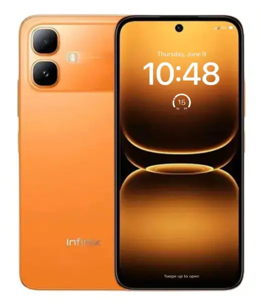 Infinix Smart 20 smartphone in orange color with dual cameras and vibrant display