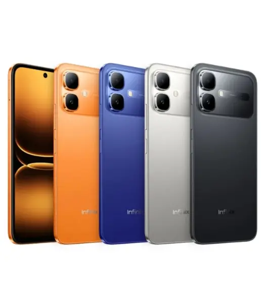Infinix Smart 20 smartphone in orange, blue, silver, and black colors
