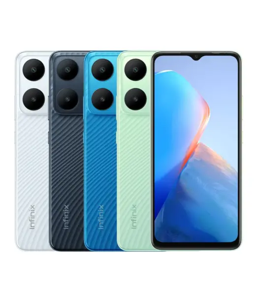 Infinix Smart 7 smartphone in four color variants: white, navy blue, blue, and green.