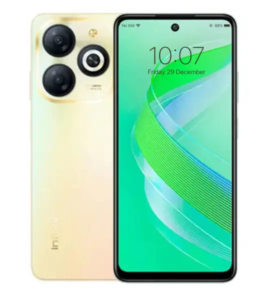 Infinix Smart 8 Pro smartphone with dual rear cameras and vibrant display