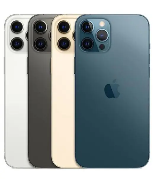 Four iPhone 12 Pro Max models in silver, graphite, gold, and pacific blue colors.