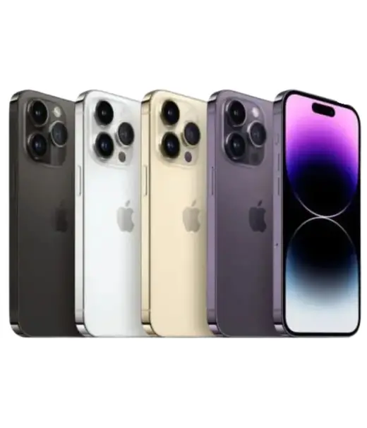 iPhone 14 Pro Max in multiple colors: black, white, gold, and purple.
