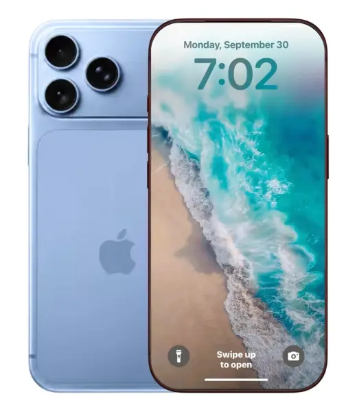 iPhone 18 Pro Max displaying a beach wallpaper with time and swipe instructions