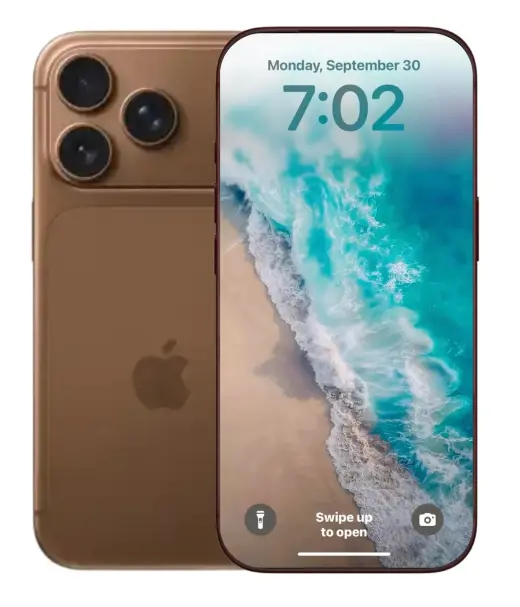 iPhone 18 Pro Max in bronze color displaying ocean wallpaper on screen