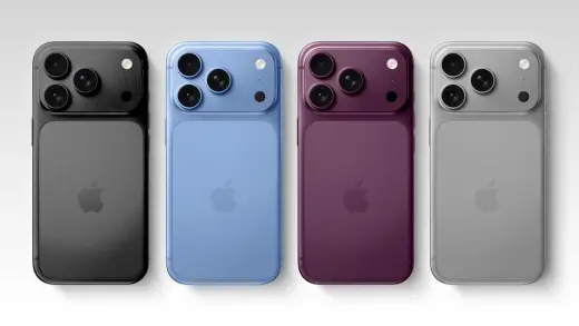 Four iPhone 18 Pro models in black, blue, purple, and gray colors showcasing their camera design.