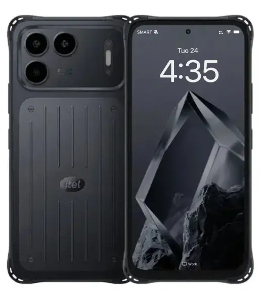 itel Power 80 smartphone showcasing front and back design with dual cameras