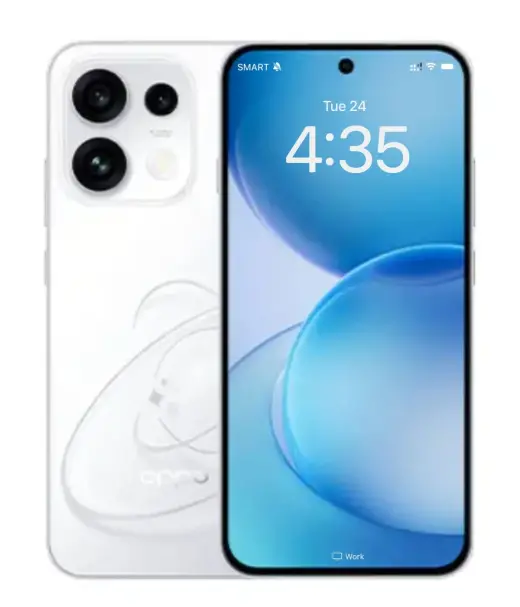 Oppo Reno 16 smartphone displaying a blue-themed lock screen with dual rear cameras.