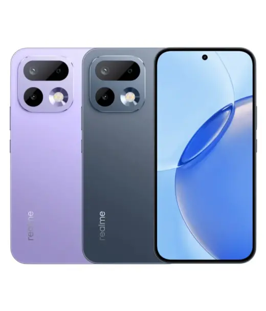 Realme 16 Pro smartphone in purple and gray colors with dual cameras