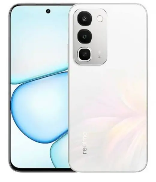 Realme C100 smartphone showcasing its front and back design with triple camera setup.