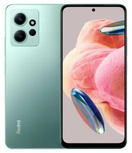 Redmi Note 12 smartphone in mint green with dual camera and vibrant display
