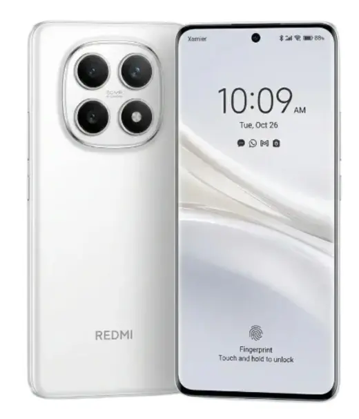 Redmi Note smartphone displaying a white back and front screen with time and fingerprint unlock feature.
