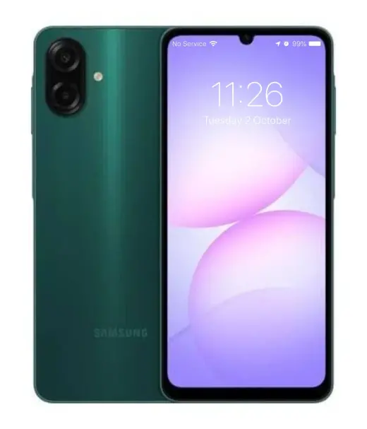 Samsung Galaxy A08 smartphone in green color with a vibrant display