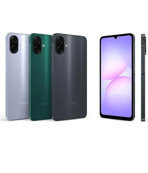 Samsung Galaxy A08 smartphone in silver, green, and gray colors with display and camera features