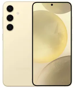 Samsung Galaxy S24 smartphone in cream color with three rear cameras and a vibrant display